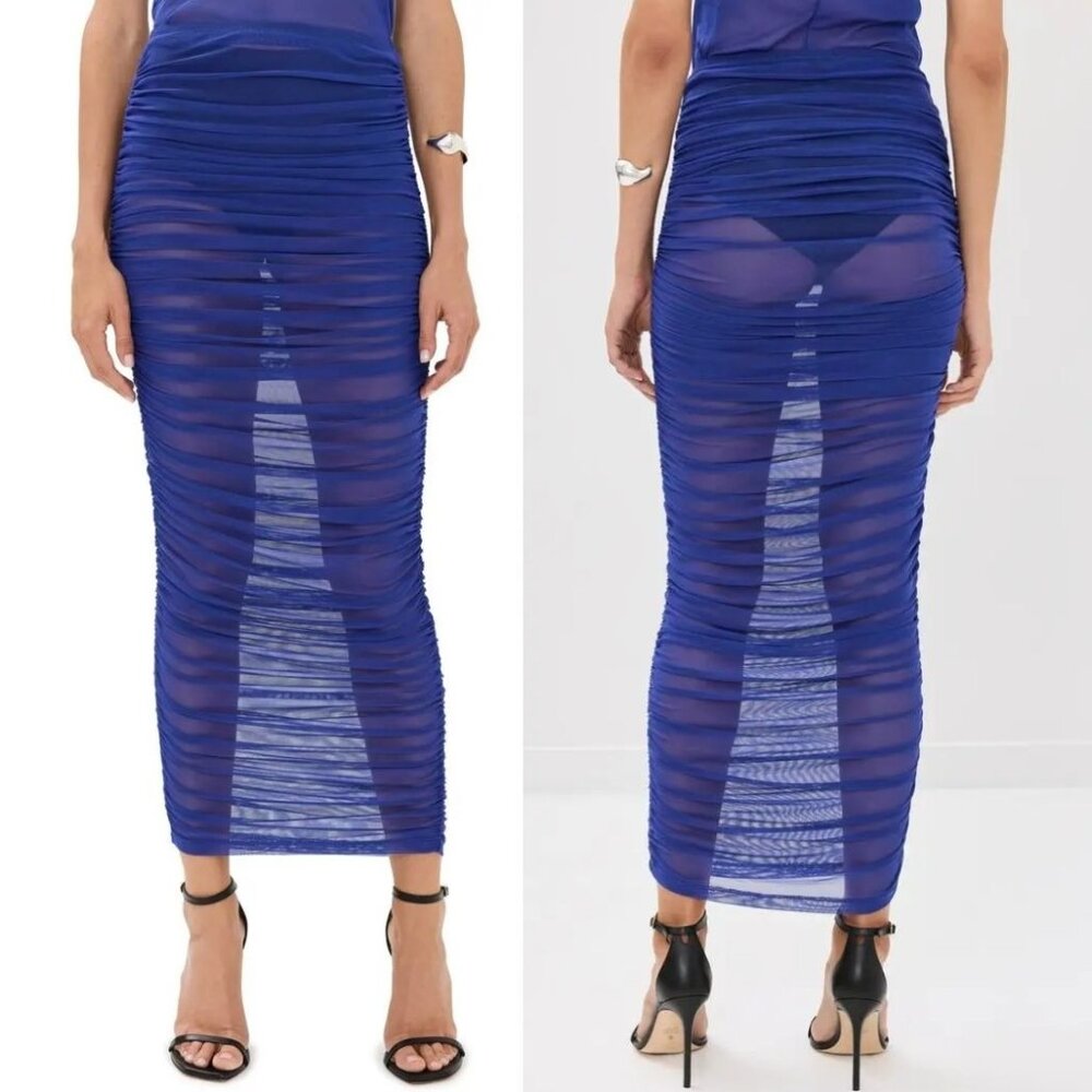 Good American Sheer Mesh Ruched Maxi Skirt Womens‎ Size S Blue